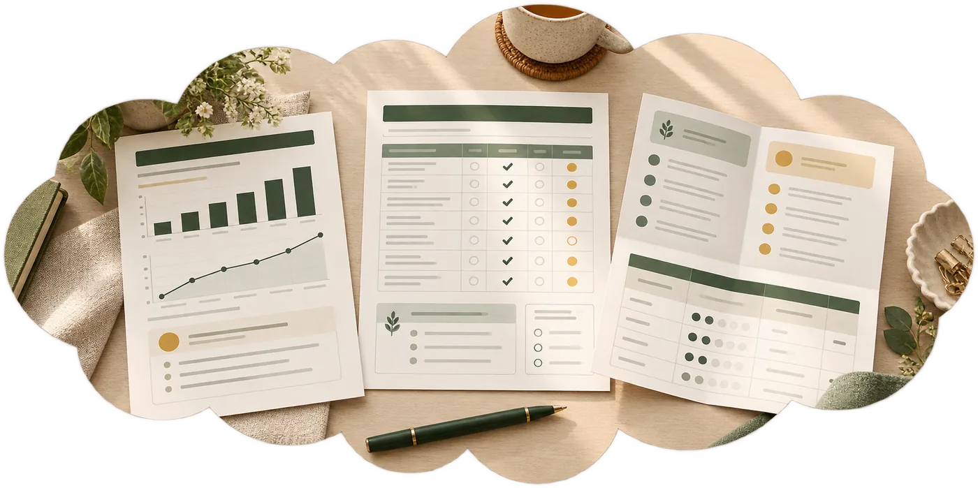 Three prepared pages fanned out on a desk: a progress chart, a page of questions and a summary sheet, with a pen resting beside them
