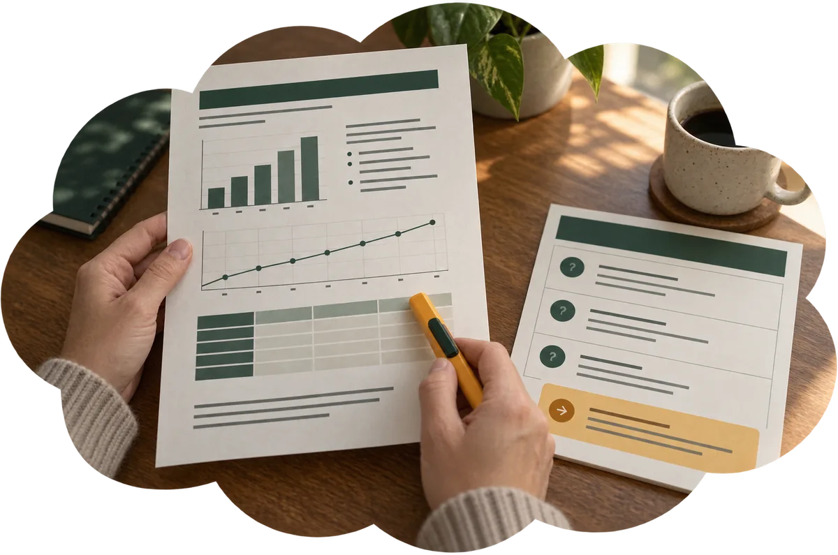 Two printed pages held at a table: one with a bar chart, a trend line and a table of figures, the other with three question rows and a highlighted next step