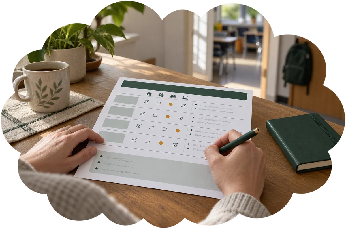 A printed tracker on a table: a column for each setting along the top and a row per accommodation below, with a pen resting on the page