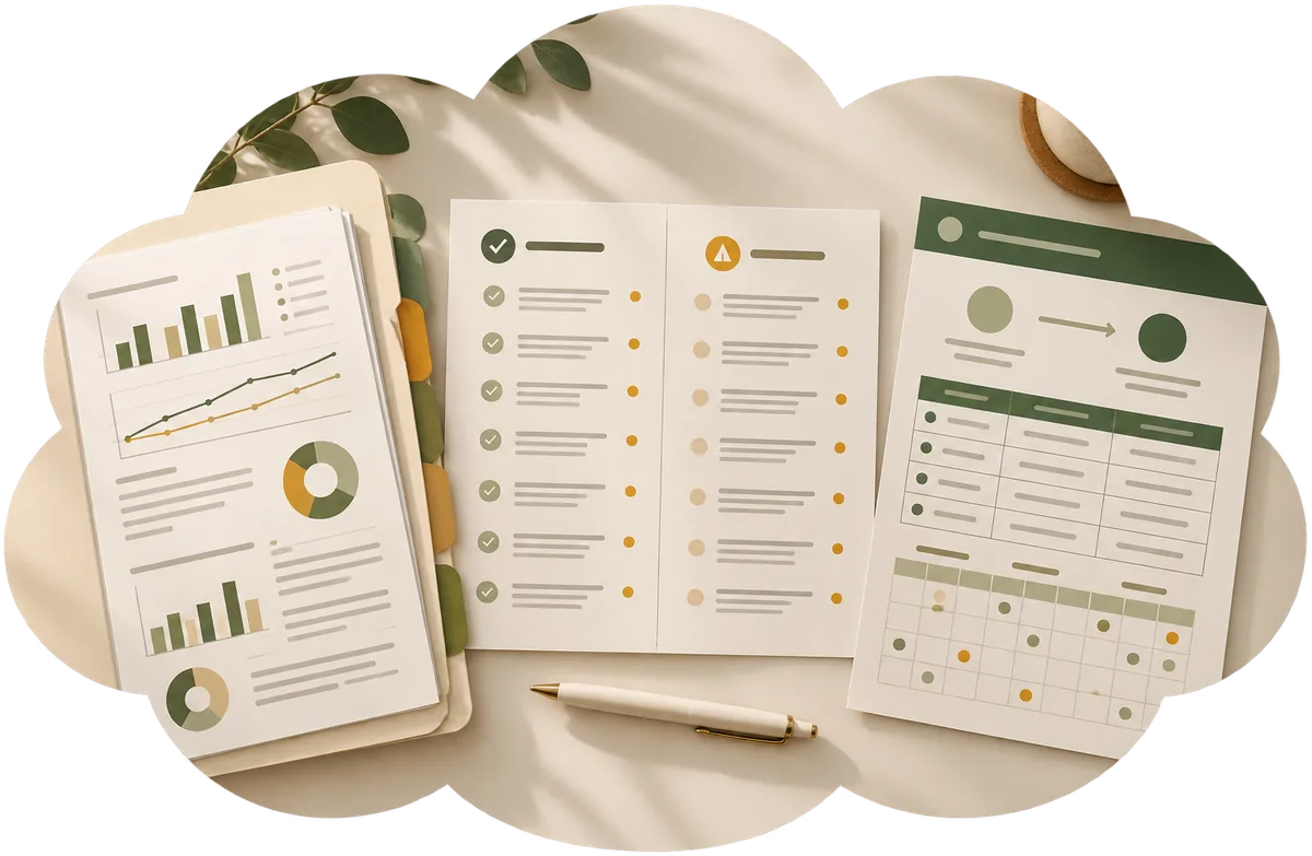 A year of paperwork laid out: a page of charts, a ticked checklist and a summary page showing last year flowing into next year beside a calendar