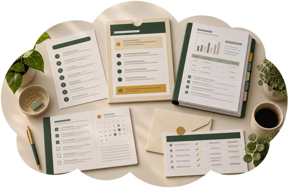 The whole system laid out on a table: a numbered intake page, the free Prep Card in its folder, the bound Case File with tabs, a notes spread, a sealed envelope and a follow-up tracker