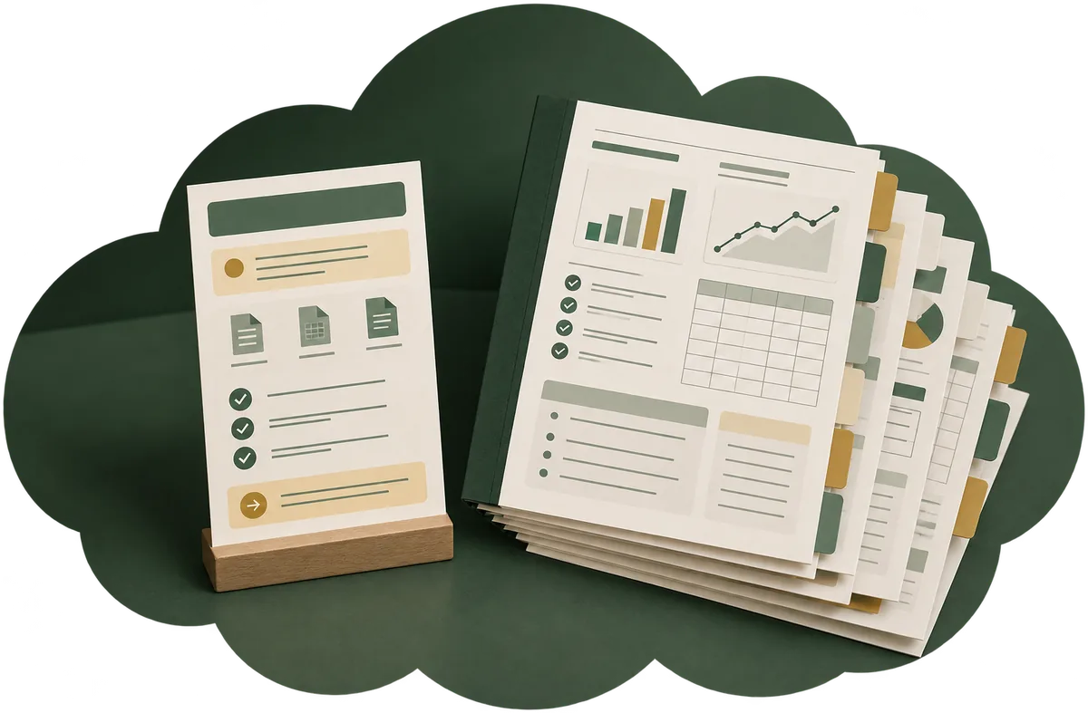 A single printed card standing on a wooden block beside a thick bound document with charts and tables, on a deep green background
