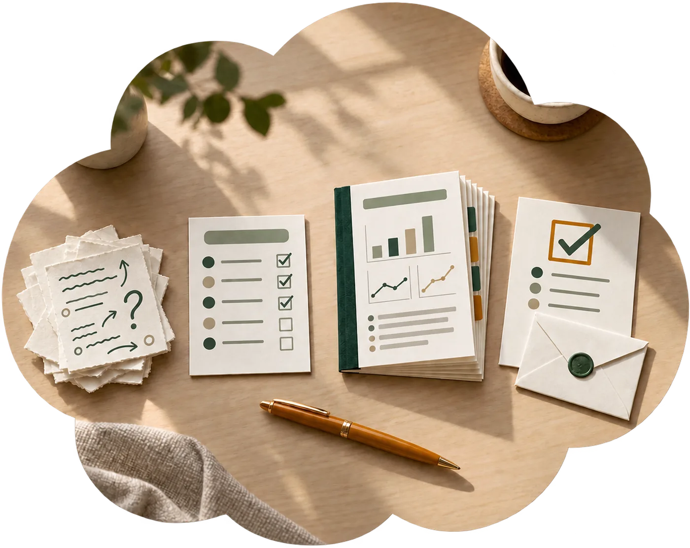 An illustrated flat-lay of a plan taking shape: handwritten notes, a ticked checklist, charts and a sealed envelope on a table