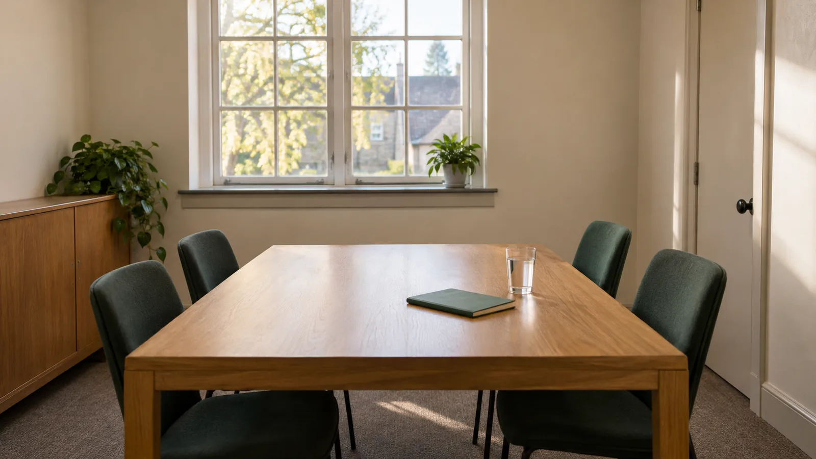 An empty meeting room with a table and four chairs in daylight