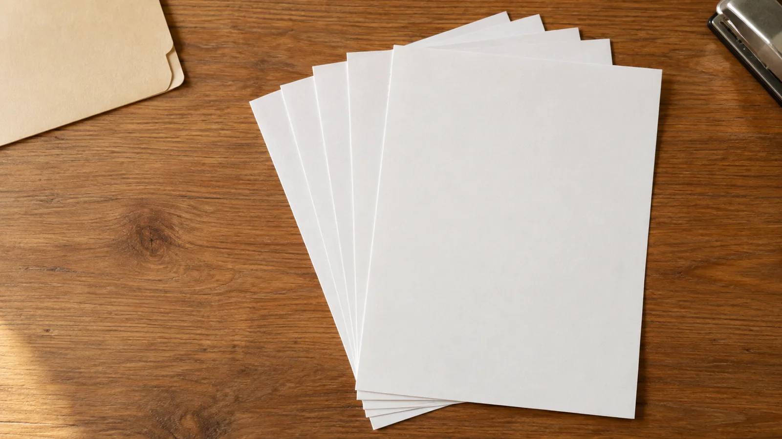 Printed pages fanned out on a desk beside a folder