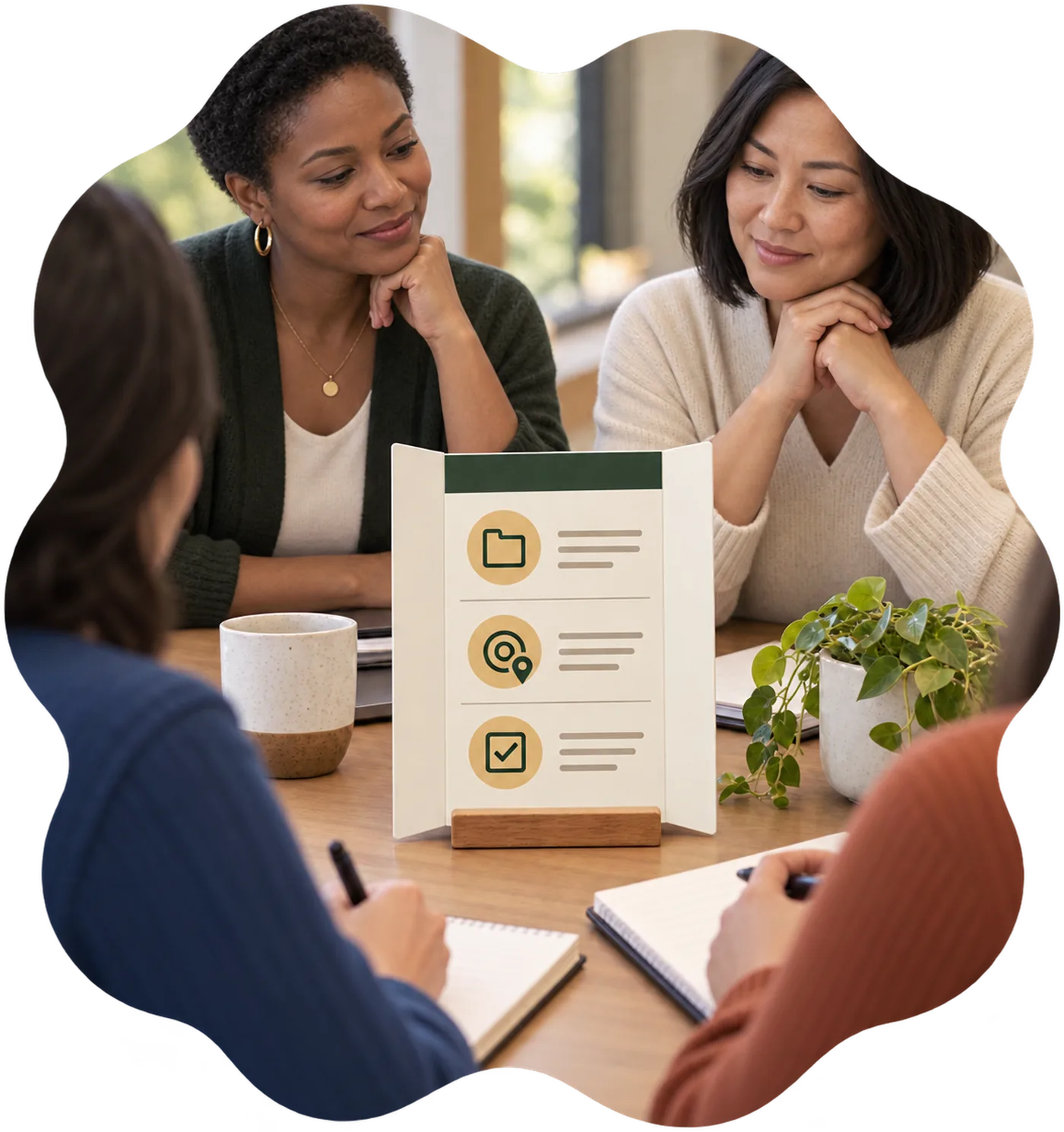 People seated around a table during a meeting, with a printed summary card propped up in the middle