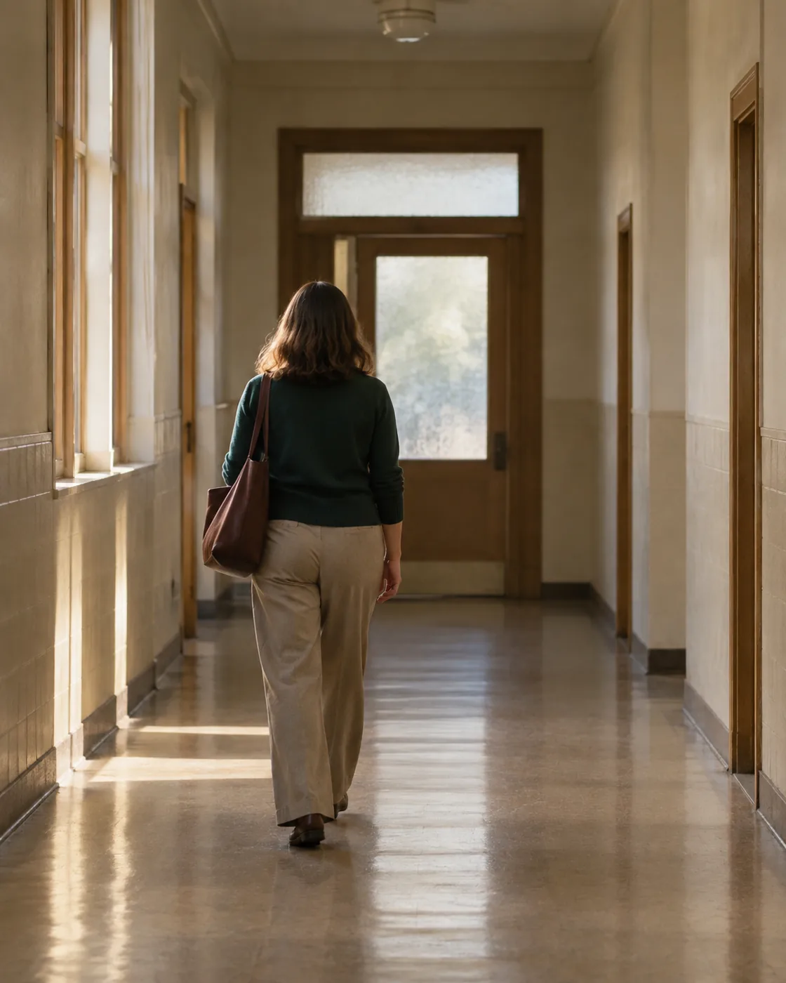 A person walking down a school corridor toward a meeting room door